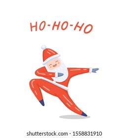 Vector illustration of dancing Santa Claus in red costume. Cute handdrawn flat style. Christmas concept for card, banner, poster, flyer, web and any design. Lettering «Ho-ho-ho».