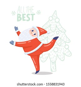 Vector illustration of dancing Santa Claus in red costume. Cute handdrawn flat style. Doodle fir-tree. Christmas concept for card, banner, poster, flyer, web and any design. Lettering «All the best»