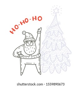 Vector illustration of dancing Santa Claus and fir-tree. Cute handdrawn doodle style. Christmas concept for card, banner, poster, flyer, web and any design. Lettering «Ho-ho-ho».