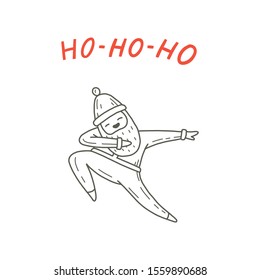 Vector illustration of dancing Santa Claus. Cute handdrawn doodle style. Christmas concept for card, banner, poster, flyer, web and any design. Lettering «Ho-ho-ho».