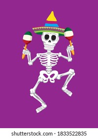 Vector illustration of a dancing skeleton with maracas wearing a sombrero