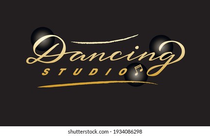 Vector illustration of dancing studio lettering with two notes for logo, advertisement, business card, signage, poster, product design. Handwritten creative text for web or print
