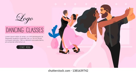 Vector illustration of a dancing studio rehearsal. Young men and women attending dancing classes. Creative banner, flyer or landing page for a dance studio or ballroom dance classes.