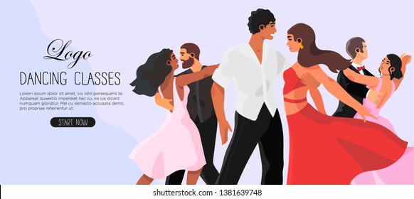 Vector illustration of a dancing studio rehearsal. Young men and women attending dancing classes. Creative banner, flyer or landing page for a dance studio or ballroom dance classes.