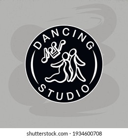 Vector illustration of dancing studio round emblem with icon of a couple for logo, advertisement, business card, signage, poster, product design. Hand drawn graphics with typed text for web or print
