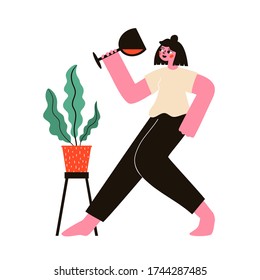 Vector illustration with dancing woman holding glass of red wine or cocktail and green plant with big leaves in red pot. Funny print design, domestic home party flyer template