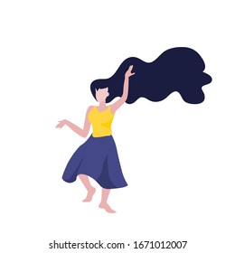 Vector illustration of dancing woman in long skirt with dark hairs. Wild femininity, woman power. Love your body concept. Celebrate life