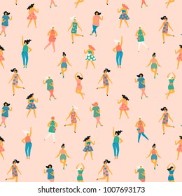 Vector illustration of dancing women. Trendy retro style. Seamless pattern.