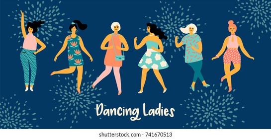 Vector illustration of dancing women. Trendy retro style.