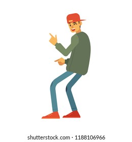 Vector illustration of dancing young caucasian man in flat style isolated on white background. Male cartoon character wearing clothes in 90s fashion style having fun and doing dance moves