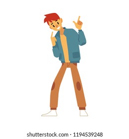 Vector illustration of dancing young caucasian man in flat cartoon style isolated on white background - male character wearing clothes in 90s fashion style having fun and doing dance moves