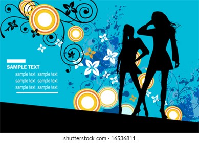 Vector illustration with dancing young women. Music concept, vector illustration