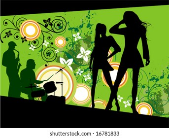 Vector illustration with dancing young women. Music concept, vector illustration
