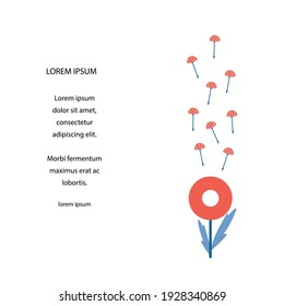 Vector illustration of dandelion in flat style on a white background. Template for your text or photo. Ideal for cards, invitations, party, kindergarten, preschool and children.