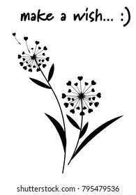 Vector illustration of dandelion flowers with heart shaped feather, flying petals and make a wish smile text. Love concept. Love symbols design.