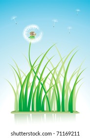 Vector illustration of a dandelion and grass with reflection