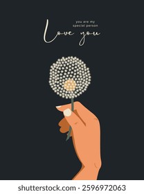 Vector illustration. Dandelion in hand, postcard. poster, cover. Modern design.
