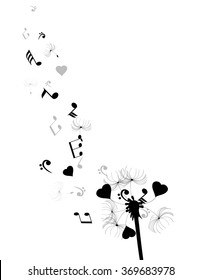 vector illustration of a dandelion with hearts and musical notes