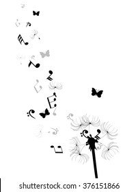 vector illustration of a dandelion with musical notes and butterflies