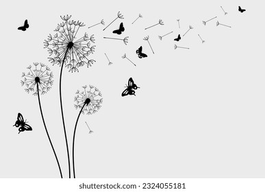 Ilustración vectorial de semilla de diente de león soplando en el viento. Icono de la semilla y la mariposa de Dandelion. Ilustración del vector