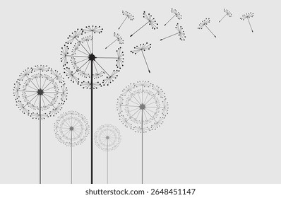 Vector illustration dandelion seed blowing in the wind. Dandelion on a white background.