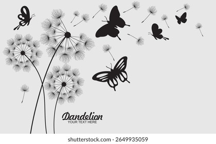 Vector illustration dandelion seed blowing in the wind with  butterfly on the wall background