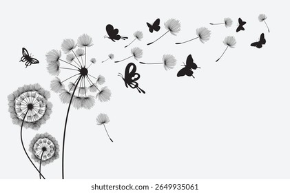 Vector illustration dandelion seed blowing in the wind with  butterfly on the wall background