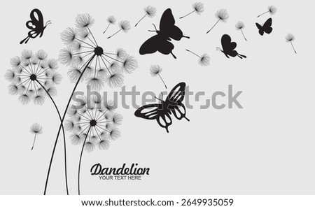 Vector illustration dandelion seed blowing in the wind with  butterfly on the wall background