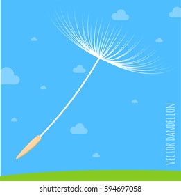 Vector illustration of dandelion seeds blowing away on the wind in the clear blue sky over green spring meadow. Make a wish with dandelion fluff vector abstract background template.