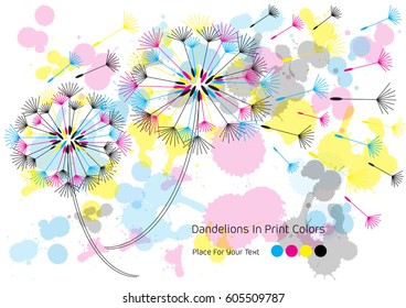 vector illustration of dandelion silhouettes and ink splatters in print colors