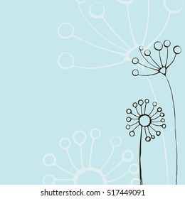 Vector illustration of dandelion and thyme on the pale blue background. Outline drawing of stylized plants.