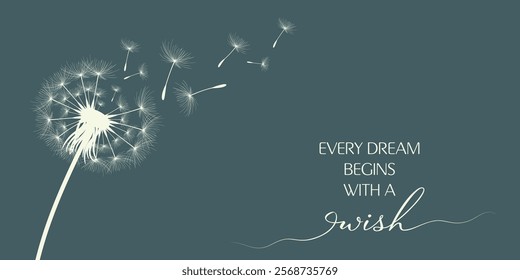 Vector illustration of dandelion time. Beautiful realistic Dandelion seeds blowing in the wind. The wind inflates a dandelion isolated in an editable evening background.