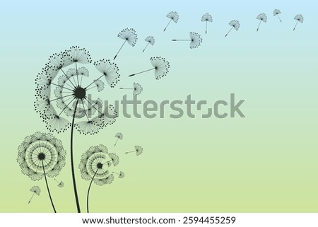 Vector illustration of dandelion time. Beautiful realistic Dandelion seeds blowing in the wind. The wind inflates a dandelion isolated in an editable evening background.