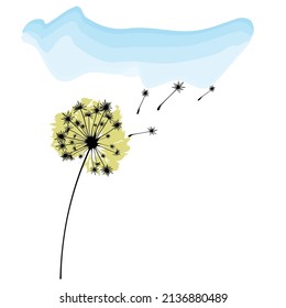 Vector illustration dandelion time. Black Dandelion seeds blowing in the wind. The wind inflates a dandelion isolated on white background.