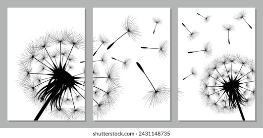 Ilustración vectorial de diente de león. Semillas de diente de león negro soplando en el viento. El viento infla un diente de león aislado sobre fondo blanco. Las flores de diente de león están diseñadas en el marco.