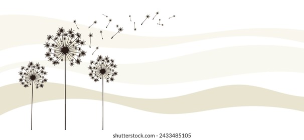 Vector illustration dandelion time. Black Dandelion seeds blowing in the wind. The wind inflates a dandelion isolated on white background.