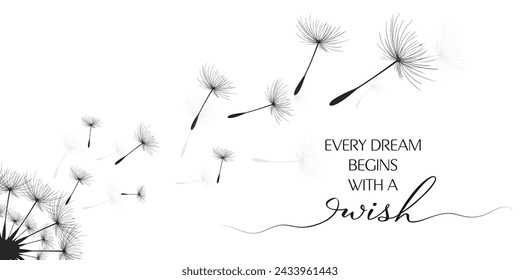 Vector illustration dandelion time. Black Dandelion seeds blowing in the wind. The wind inflates a dandelion isolated on white background