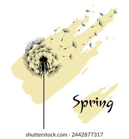 Vector illustration dandelion time. Black Dandelion seeds blowing in the wind. The wind inflates a dandelion isolated on white background