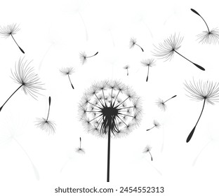 Vector illustration dandelion time. Black Dandelion seeds blowing in the wind. The wind inflates a dandelion isolated on a white background.