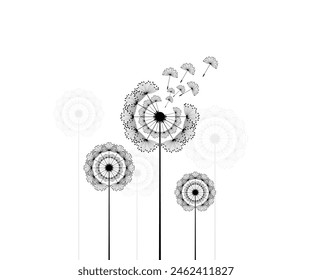 Vector illustration dandelion time. Black Dandelion seeds blowing in the wind. The wind inflates a dandelion isolated on a white background.