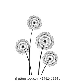 Vector illustration dandelion time. Black Dandelion seeds blowing in the wind. The wind inflates a dandelion isolated on a white background.