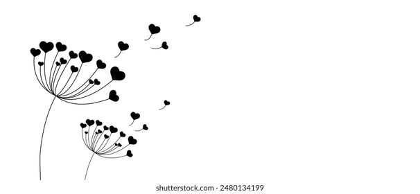 Vector illustration dandelion time. Black Dandelion seeds blowing in the wind. The wind inflates a dandelion isolated on a white background. heart dandelion.