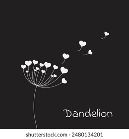 Vector illustration dandelion time. Black Dandelion seeds blowing in the wind. The wind inflates a dandelion isolated on a white background. heart dandelion.