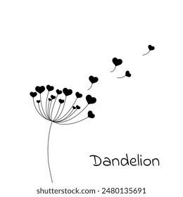 Vector illustration dandelion time. Black Dandelion seeds blowing in the wind. The wind inflates a dandelion isolated on a white background. heart dandelion