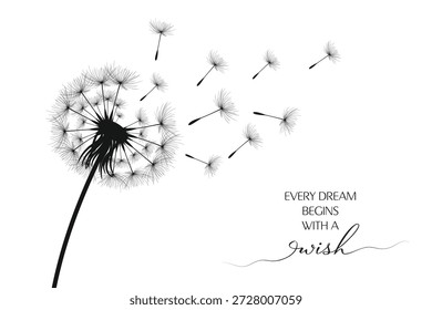 Ilustración vectorial del diente de león. Semillas de diente de león negro soplando en el viento. El viento infla un diente de león aislado sobre un fondo blanco.