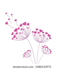 Vector illustration dandelion time. Dandelion seeds blowing in the wind. Hearts Dandelion seeds blowing in the wind. The wind inflates a dandelion isolated in White background.