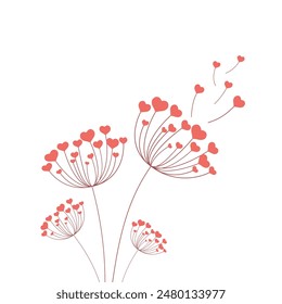 Vector illustration dandelion time. Dandelion seeds blowing in the wind. Hearts Dandelion seeds blowing in the wind. The wind inflates a dandelion isolated in White background.