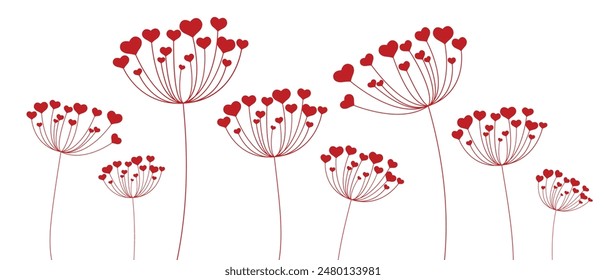 Vector illustration dandelion time. Dandelion seeds blowing in the wind. Hearts Dandelion seeds blowing in the wind. The wind inflates a dandelion isolated in White background.