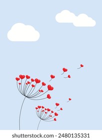 Vector illustration dandelion time. Dandelion seeds blowing in the wind. Hearts Dandelion seeds blowing in the wind. The wind inflates a dandelion isolated in White background.