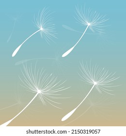 Ilustración vectorial de la hora del diente de león. Semillas de Dandelion blancas y hermosas que soplan en el viento. El viento infla un diente de león aislado en un fondo editable.